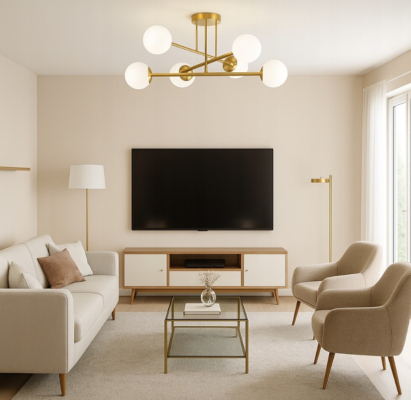 Złota lampa sufitowa Bali z sześcioma źródłami światła E27. Lampa o nowoczesnym, minimalistycznym designie, z białymi kloszami, zamontowana na suficie w jasnym wnętrzu, obok sofy, telewizora i stolika kawowego.