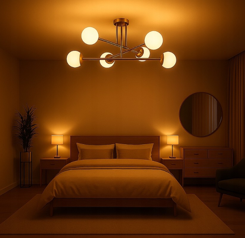 Lampa sufitowa Bali w złotym kolorze, z sześcioma oprawami na żarówki E27. Ujęcie frontalne, zawieszona na suficie w ciepłym, przytulnym wnętrzu sypialni. Widoczne elementy drewniane oraz miękkie tkaniny w odcieniach żółci i brązu.