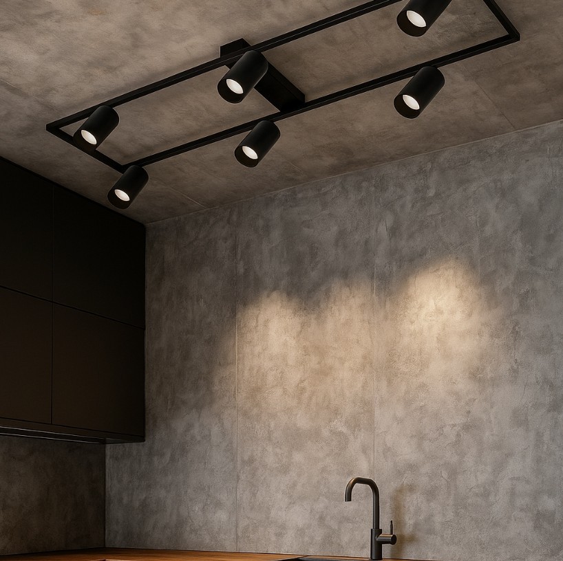 Lampa sufitowa Bumo w kolorze czarnym, z sześcioma punktami świetlnymi GU10, zamontowana na prostokątnej ramie. Widok z dołu, w nowoczesnym wnętrzu z betonowymi ścianami i drewnianym blatem.
