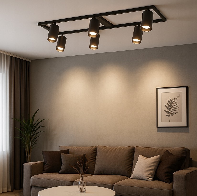Lampa sufitowa Bumo w kolorze czarnym z sześcioma oprawami GU10. Ujęcie z góry, pokazujące zamontowaną lampę nad szaro-beżową sofą, z dekoracjami na ścianie i rośliną w tle. Klasyczny, prostokątny kształt lampy z cylindrycznymi kloszami.