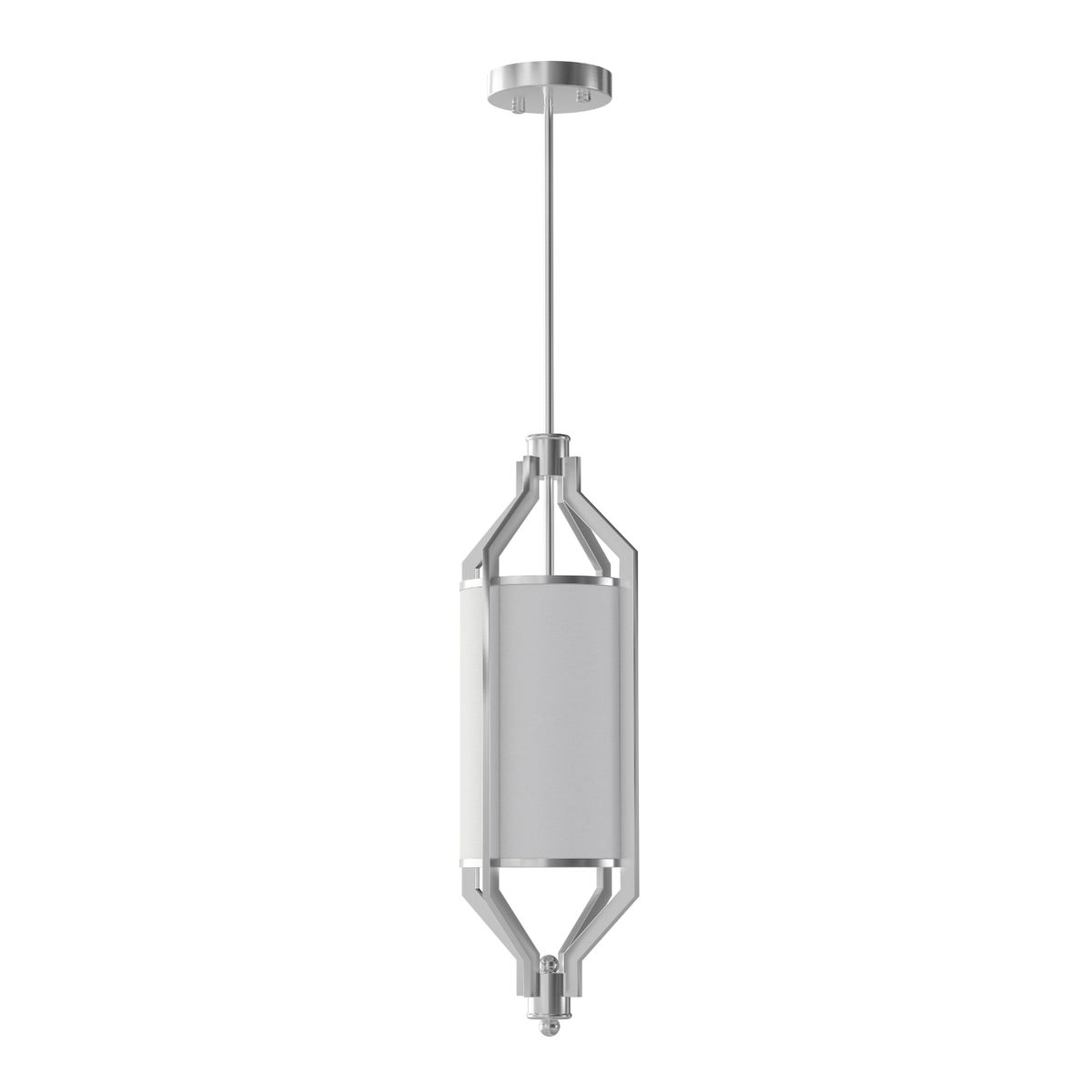 Lampa wisząca Zundo Satin Nikiel D20 w kolorze srebrnym, z metalową konstrukcją i białym kloszem. Ujęcie z boku, zawieszona na cienkim przewodzie, z okrągłym mocowaniem sufitowym. Idealna do nowoczesnych wnętrz.