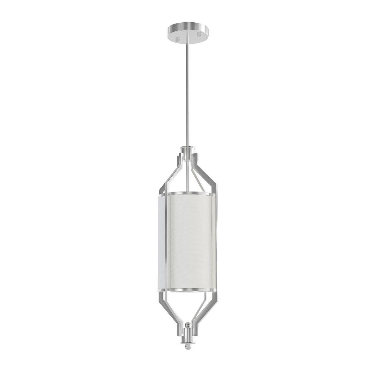 Lampa wisząca Zundo Satin Nikiel D20 w kolorze srebrnym, z oprawą ze stali nierdzewnej i białym, tekstylnym kloszem. Ujęcie z boku, zawieszona na cienkim przewodzie. Wymiary klosza cylindrycznego, zamontowana do sufitu.