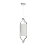 Lampa wisząca Zundo Satin Nikiel D20 w kolorze srebrnym, z oprawą ze stali nierdzewnej i białym, tekstylnym kloszem. Ujęcie z boku, zawieszona na cienkim przewodzie. Wymiary klosza cylindrycznego, zamontowana do sufitu.