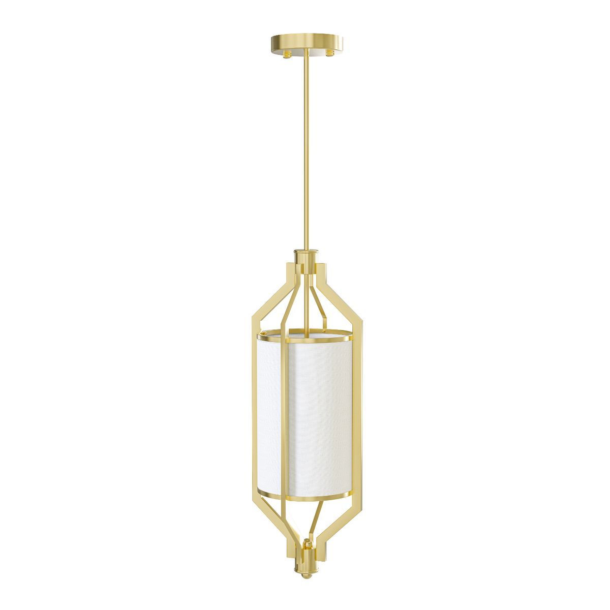 Złota lampa wisząca Zundo Old Gold D20 z oprawą w kształcie diamentu i białym abażurem, zawieszona na cienkim przewodzie. Kształt geometryczny, metaliczny połysk oraz delikatna faktura abażura nadają elegancki wygląd.