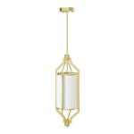 Złota lampa wisząca Zundo Old Gold D20 z oprawą w kształcie diamentu i białym abażurem, zawieszona na cienkim przewodzie. Kształt geometryczny, metaliczny połysk oraz delikatna faktura abażura nadają elegancki wygląd.