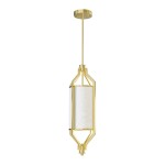 Lampa wisząca Zundo Old Gold D20 w kolorze złotym z białym kloszem. Owalny kształt, metalowa konstrukcja z dekoracyjnymi detalami. Zawieszona na cienkim przewodzie, montowana do sufitu. Wymaga żarówki E27. Tło białe.