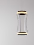 Lampa wisząca Abancay z dwoma źródłami LED 21W w kolorze czarnym, o szklanym kloszu w kształcie butelki i czarnej podstawie. Zawieszona na cienkim przewodzie, emituje ciepłe światło, idealna do nowoczesnych wnętrz.