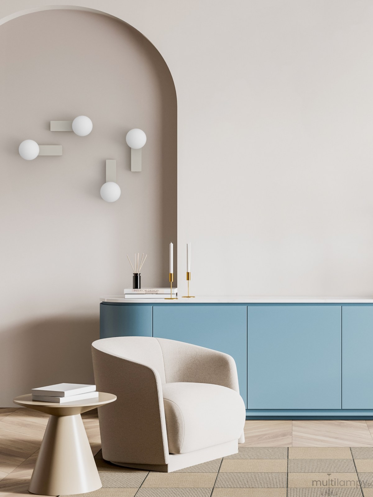 Kinkiet Boletta Parette Toupe IP44 w kolorze szarobeżowym, montowany na ścianie, z pojedynczym źródłem światła G9. Prosty, nowoczesny design z okrągłą oprawą, idealny do wnętrz. Widoczny w aranżacji z fotelem i stolikiem.