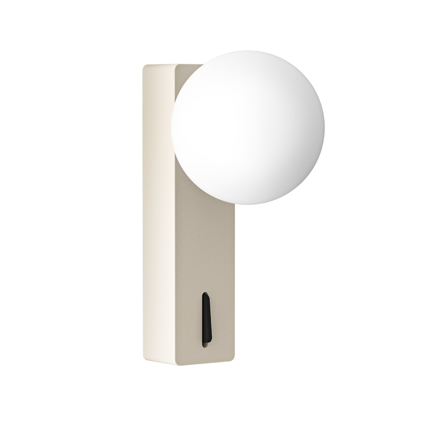 Kinkiet Boletta Parette Toupe w kolorze szarobeżowym, z okrągłym kloszem z białego szkła. Ułożony pionowo, z widocznym przełącznikiem na obudowie. Nowoczesny design, idealny do oświetlenia wnętrz.