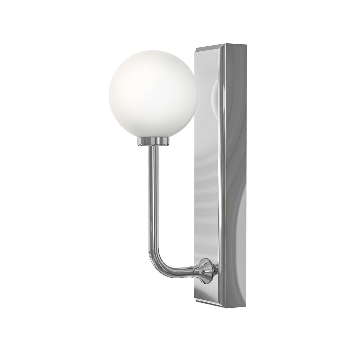 Kinkiet Ero Parette Cromo IP44 z chromowanym wykończeniem, z okrągłą, matową białą kulą i prostokątną podstawą. Ujęcie z boku, montowany na ścianie, z widocznym mocowaniem. Idealny do nowoczesnych wnętrz.