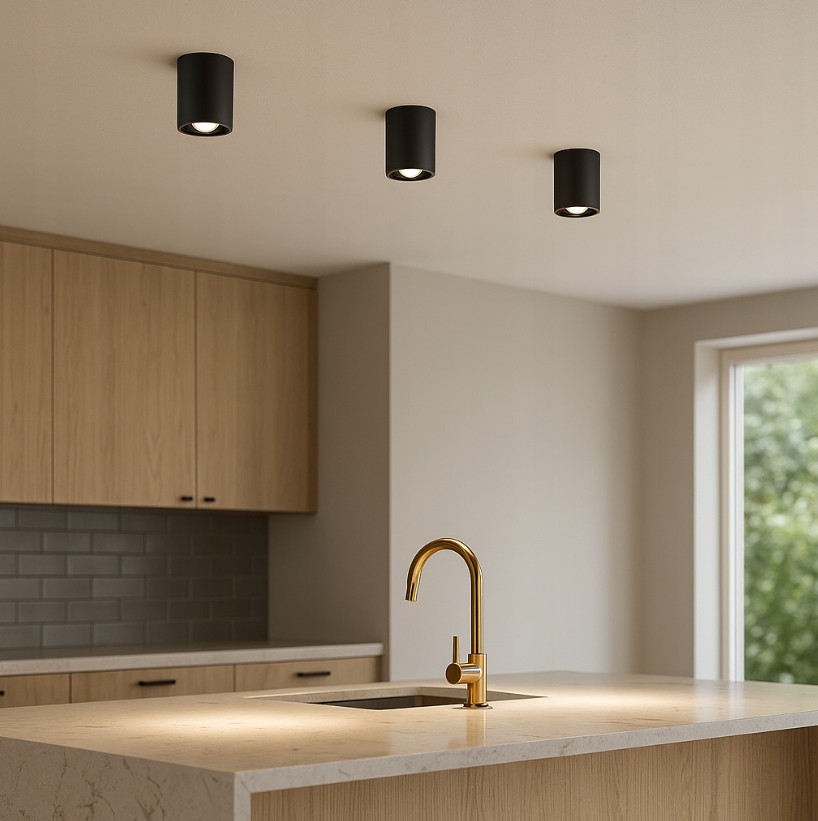 Czarna lampa sufitowa tuba kierunkowa Deba, zamontowana na jasnym suficie, w kuchni z drewnianymi szafkami. W tle widoczny złoty kran oraz jasny blat. Lampa ma minimalistyczny design, skierowana w dół, idealna do oświetlenia przestrzeni roboczej.