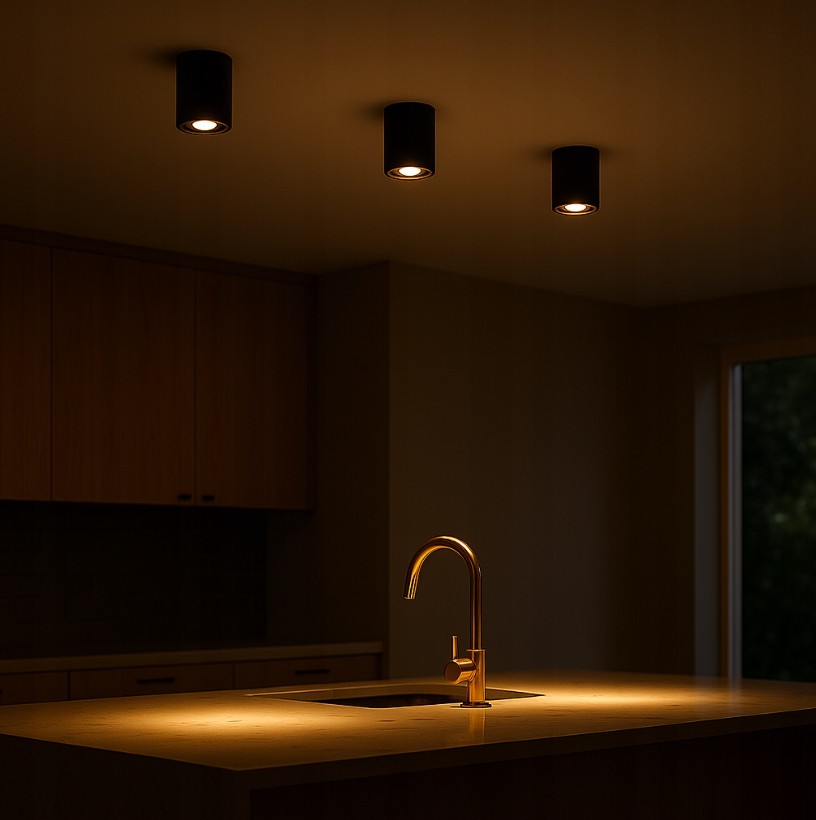 Czarna lampa sufitowa tuba kierunkowa Deba, zawieszona na suficie, o cylindrycznym kształcie, emitująca ciepłe światło. Widoczne trzy lampy, umieszczone nad blatem kuchennym, w nowoczesnym wnętrzu z drewnianymi szafkami.