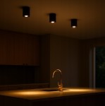 Czarna lampa sufitowa tuba kierunkowa Deba, zawieszona na suficie, o cylindrycznym kształcie, emitująca ciepłe światło. Widoczne trzy lampy, umieszczone nad blatem kuchennym, w nowoczesnym wnętrzu z drewnianymi szafkami.