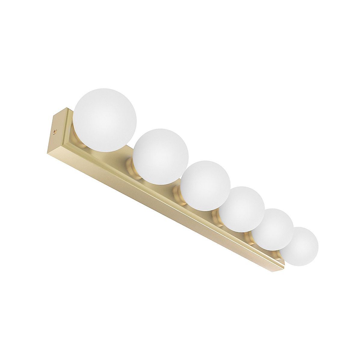 Lampa sufitowa Merino Parette Old Gold 60 IP44, złota, z sześcioma oprawami na żarówki G9. Prosta, prostokątna konstrukcja z matowym wykończeniem i okrągłymi, białymi kloszami. Ujęcie frontalne, zamontowana na ścianie.