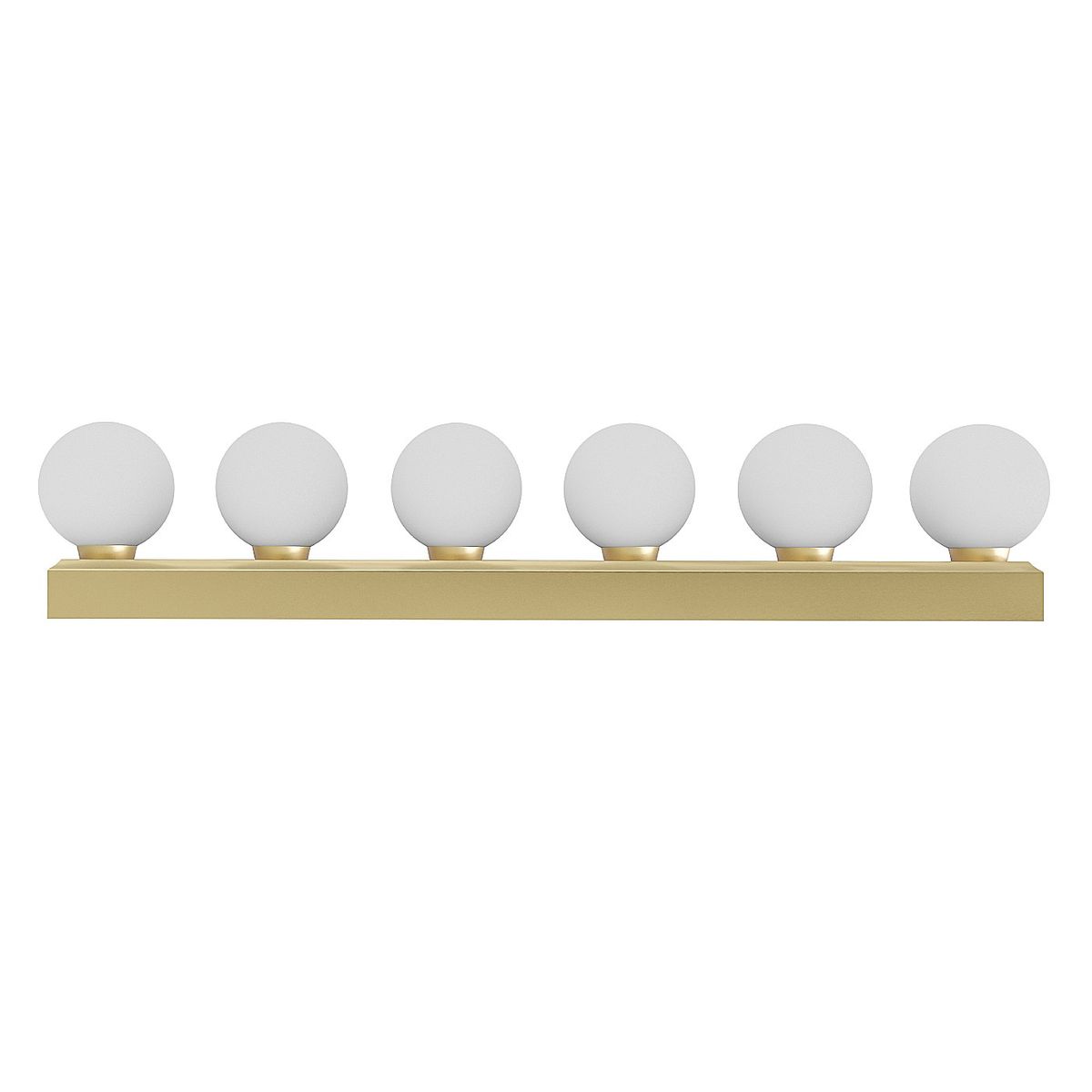 Lampa sufitowa Merino Parette w kolorze złotym z sześcioma okrągłymi kloszami z matowego szkła. Ujęcie frontalne, produkt zamontowany na ścianie, z prostokątną podstawą. Idealna do oświetlenia wnętrz. Wymiary i szczegóły montażowe nie są widoczne.