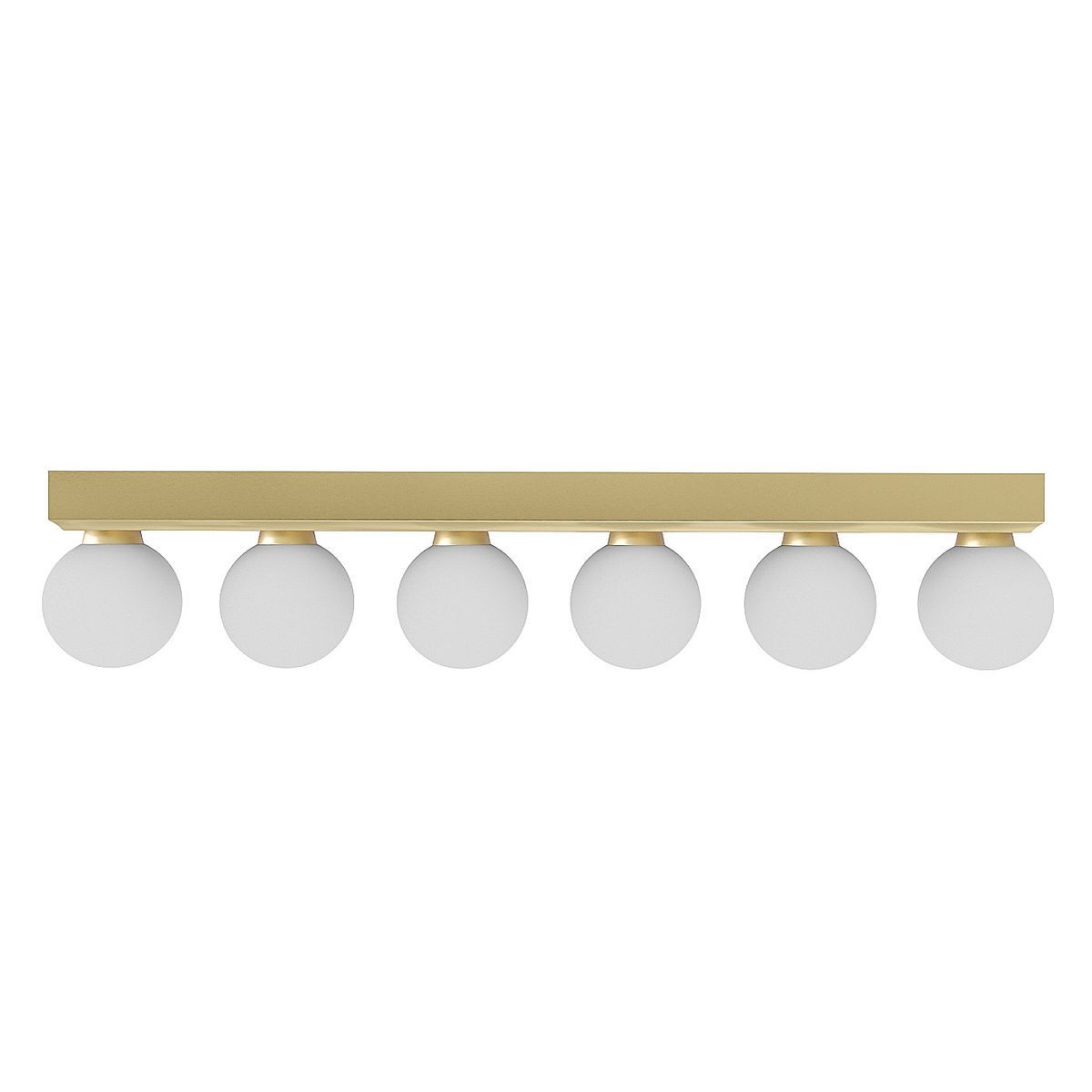 Lampa sufitowa Merino Parette Old Gold 60 z sześcioma oprawami G9, w złotej metalowej ramie. Szklane klosze w formie białych kul. Ujęcie frontalne, produkt zamontowany na ścianie, z widocznym równym rozkładem źródeł światła.