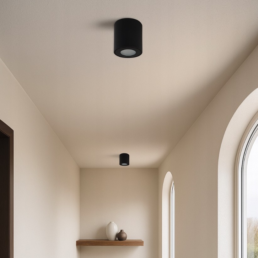 Czarna lampa sufitowa tuba Aqua IP54, zamontowana na białym suficie, w minimalistycznym wnętrzu. Lampa ma cylindryczny kształt i jest umieszczona w salonie, obok półki z dekoracjami.