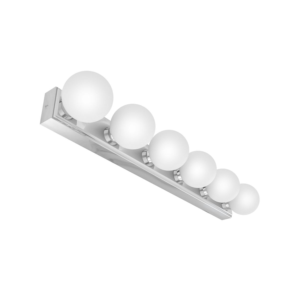 Lampa sufitowa Merino Parette Cromo 60 IP44 w kolorze chromu z sześcioma kulistymi kloszami z matowego szkła, zamontowana na prostokątnej podstawie. Produkt w ujęciu frontalnym, na białym tle.