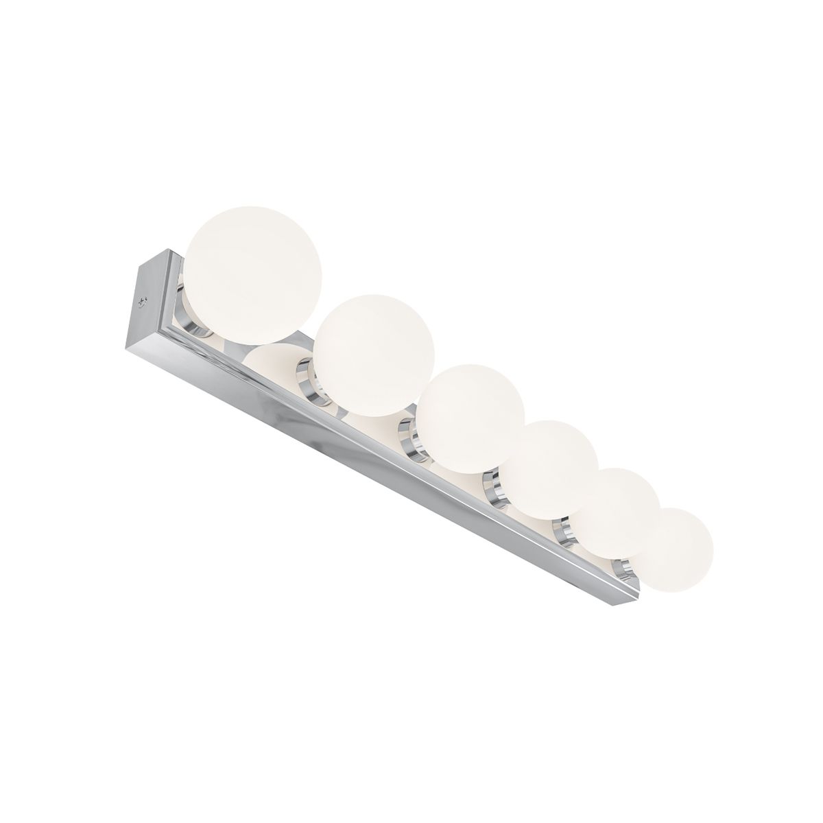 Lampa sufitowa Merino Parette Cromo 60 IP44 w kolorze chromu z sześcioma okrągłymi kloszami z mlecznego szkła. Ujęcie z boku, z zamontowanym oświetleniem. Minimalistyczny design, idealna do nowoczesnych wnętrz.