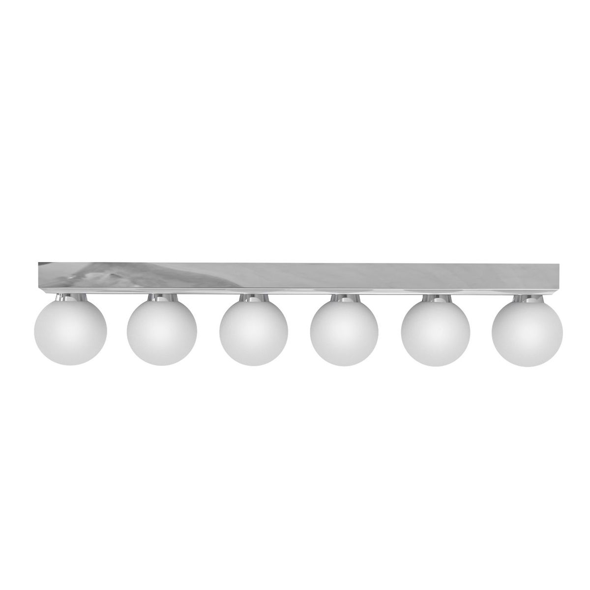 Lampa sufitowa Merino Parette Cromo 60 IP44 z sześcioma okrągłymi kloszami w kolorze matowej bieli, zamontowana na chromowanej podstawie. Ujęcie frontalne, produkt leżący poziomo, na jednolitym tle.