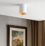 Biała lampa sufitowa w kształcie tuby z złotym wnętrzem, zamontowana na suficie. Widoczna w aranżacji z obrazem na ścianie oraz zasłonami w odcieniu brązowym. Idealna do nowoczesnych wnętrz.