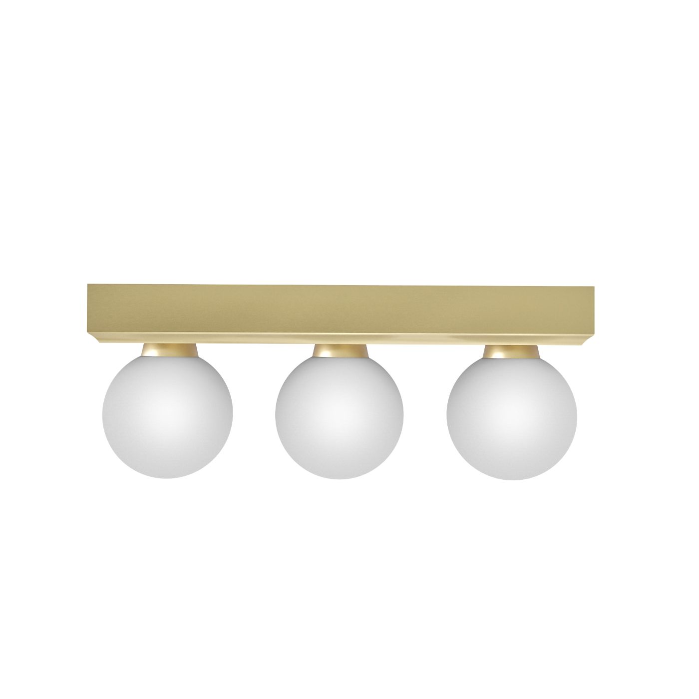 Lampa sufitowa Merino Parette Old Gold z trzema białymi kulistymi kloszami na złotej podstawie. Ujęcie frontalne, pokazujące równą linię i symetrię elementów. Idealna do nowoczesnych wnętrz, z oznaczeniem IP44, co zapewnia odporność na wilgoć.