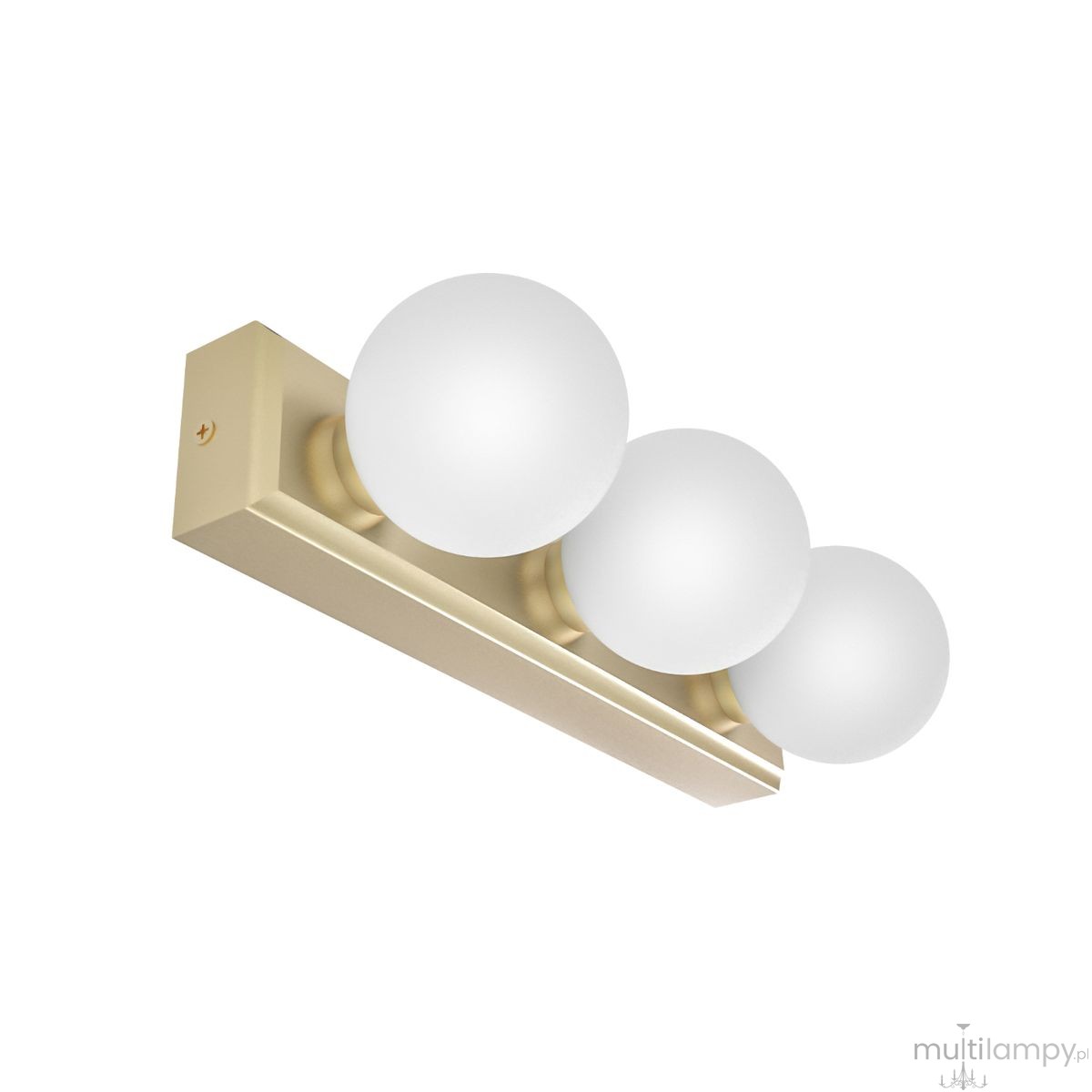 Lampa sufitowa Merino Parette Old Gold z trzema kulistymi kloszami z matowego szkła, umieszczona na złotej metalowej podstawie. Klosze rozmieszczone równomiernie, kąt ujęcia z boku, na tle białym. Idealna do oświetlenia wnętrz, IP44.