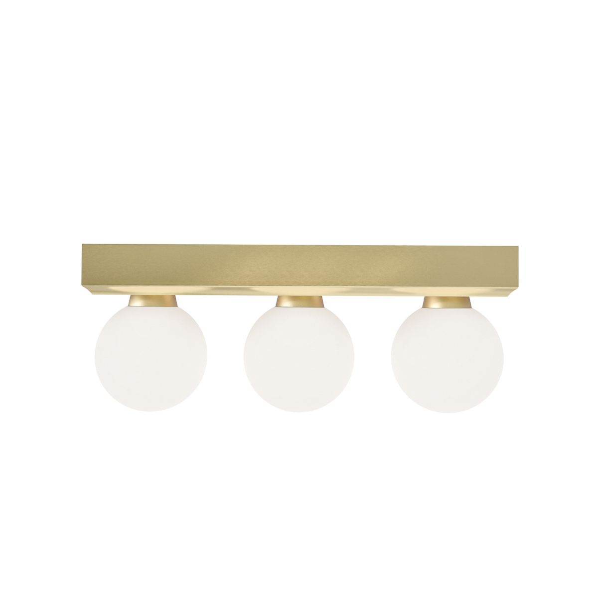 Lampa sufitowa Merino Parette Old Gold 30 IP44 z trzema okrągłymi kloszami z mlecznego szkła, umieszczona na prostokątnej, złotej podstawie. Produkt w kształcie poziomym, idealny do nowoczesnych wnętrz.
