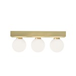 Lampa sufitowa Merino Parette Old Gold 30 IP44 z trzema okrągłymi kloszami z mlecznego szkła, umieszczona na prostokątnej, złotej podstawie. Produkt w kształcie poziomym, idealny do nowoczesnych wnętrz.