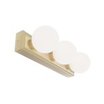 Lampa sufitowa Merino Parette Old Gold 30 IP44 z trzema okrągłymi kloszami w kolorze białym, zamocowana na złotej, prostokątnej podstawie. Ujęcie frontalne, pokazujące elegancki design. Wymiary i detale montażowe nieczytelne.