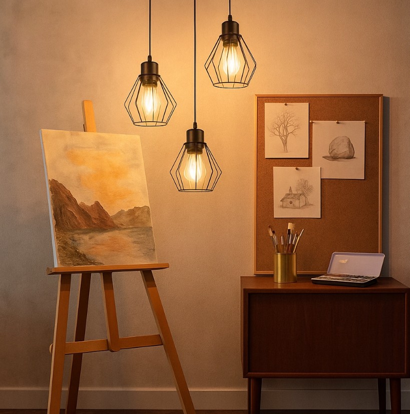 Czarna lampa wisząca Otto z trzema żarówkami E27, z metalową siatką, zawieszona w artystycznej aranżacji wnętrza. W tle widoczna sztaluga z obrazem oraz tablica korkowa z rysunkami.