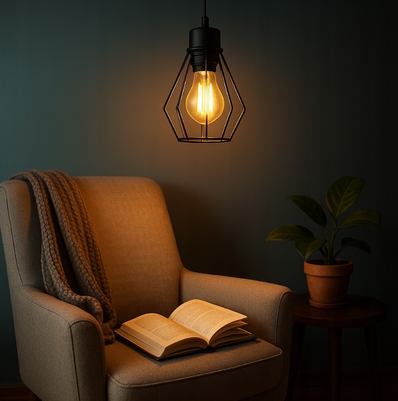 Lampa wisząca Otto w kolorze czarnym z żarówką E27, umieszczona nad fotelem z miękkim, szarym obiciem. W tle widać ciemnozieloną ścianę, a obok stoi doniczka z rośliną. Na fotelu leży szary koc, a obok otwarta książka.