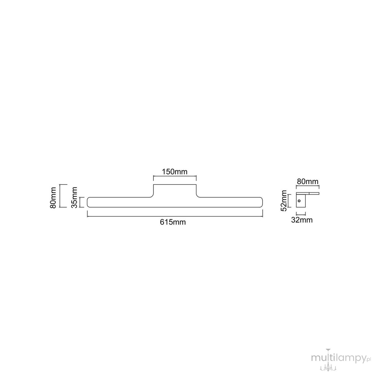 Kinkiet LED Luce Parette Old Gold 62 IP44 w kolorze złotym, o wymiarach 615 mm szerokości i 80 mm wysokości, z prostokątnym kształtem i minimalistycznym designem, przeznaczony do montażu na ścianie.