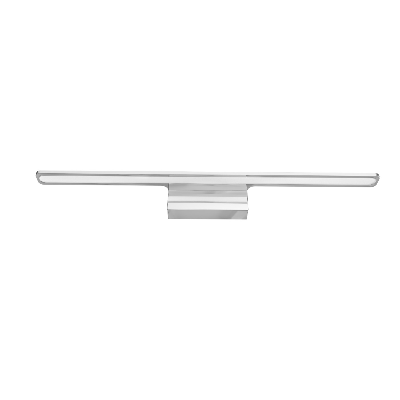 Kinkiet LED Luce Parette Cromo 62 IP44 o mocy 11W, w kolorze chromu. Posiada prostokątną, płaską podstawę oraz wydłużony, minimalistyczny klosz, emitujący światło CCT. Ujęcie frontalne, na białym tle.