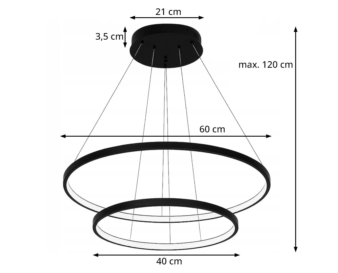 Lynx lampa wisząca w kolorze czarnym z dwoma pierścieniami LED o mocy 64W. Wymiary: średnica dużego pierścienia 60 cm, małego 40 cm, wysokość regulowana maks. 120 cm. Posiada pilot do zdalnego sterowania.