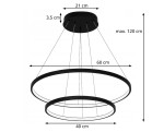 Lynx lampa wisząca w kolorze czarnym z dwoma pierścieniami LED o mocy 64W. Wymiary: średnica dużego pierścienia 60 cm, małego 40 cm, wysokość regulowana maks. 120 cm. Posiada pilot do zdalnego sterowania.