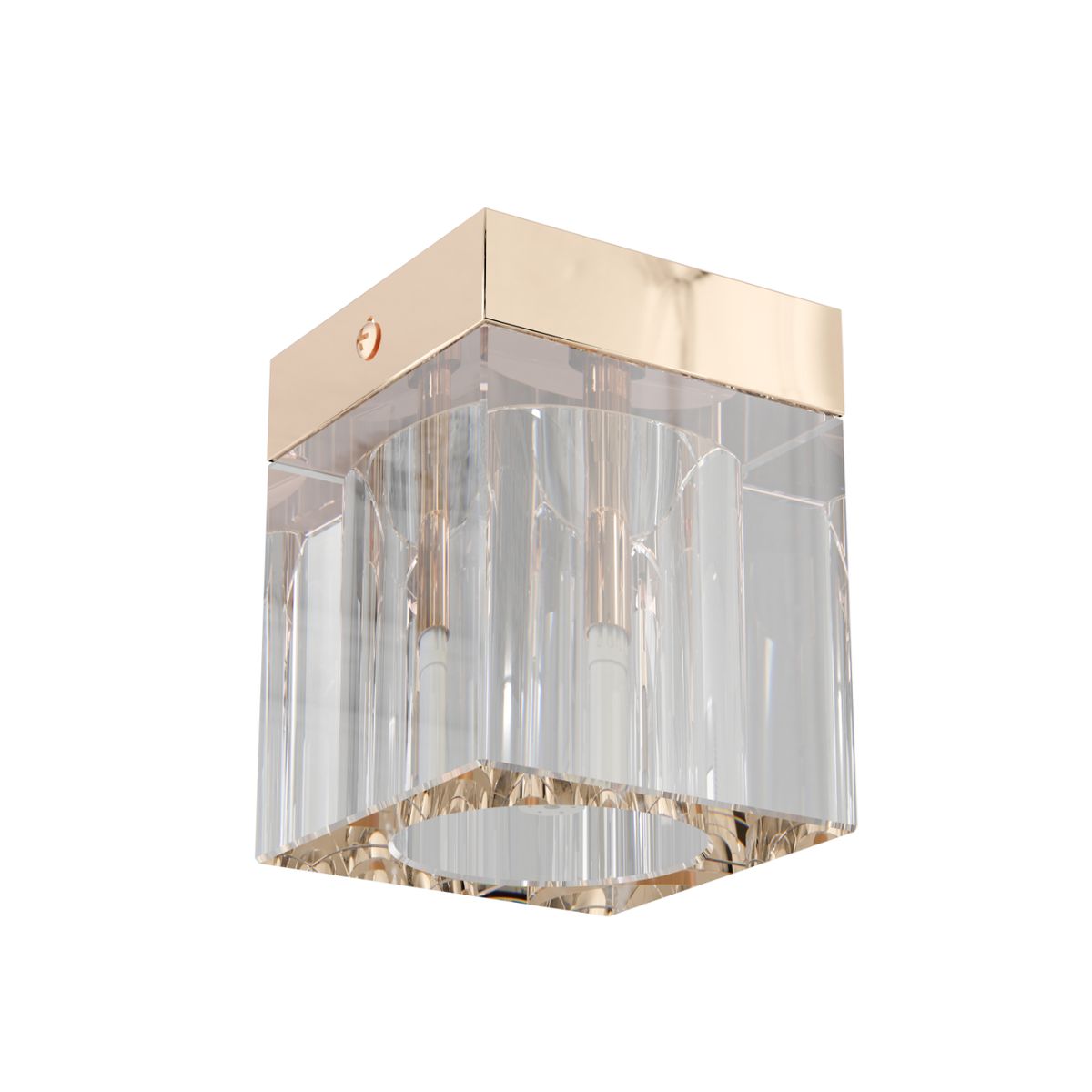 Lampa sufitowa Cubo Claro Gold z metalowym, złotym wykończeniem i przezroczystą, teksturowaną kloszem. Prostopadłościenna forma z widocznymi miejscami na żarówki G9. Ujęcie z dołu, pokazujące detal i elegancki design.