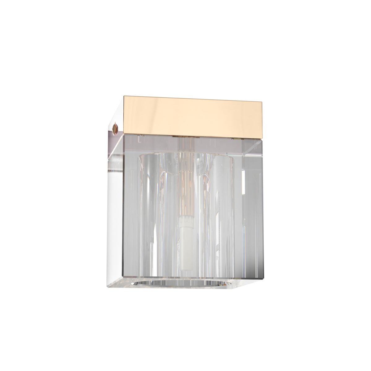Lampa sufitowa Cubo Claro Gold z metalowym, złotym kloszem i przezroczystym, prostokątnym korpusem. Widoczna żarówka G9 wewnątrz. Ujęcie frontalne, produkt wiszący, na jasnym tle. Idealna do nowoczesnych wnętrz.