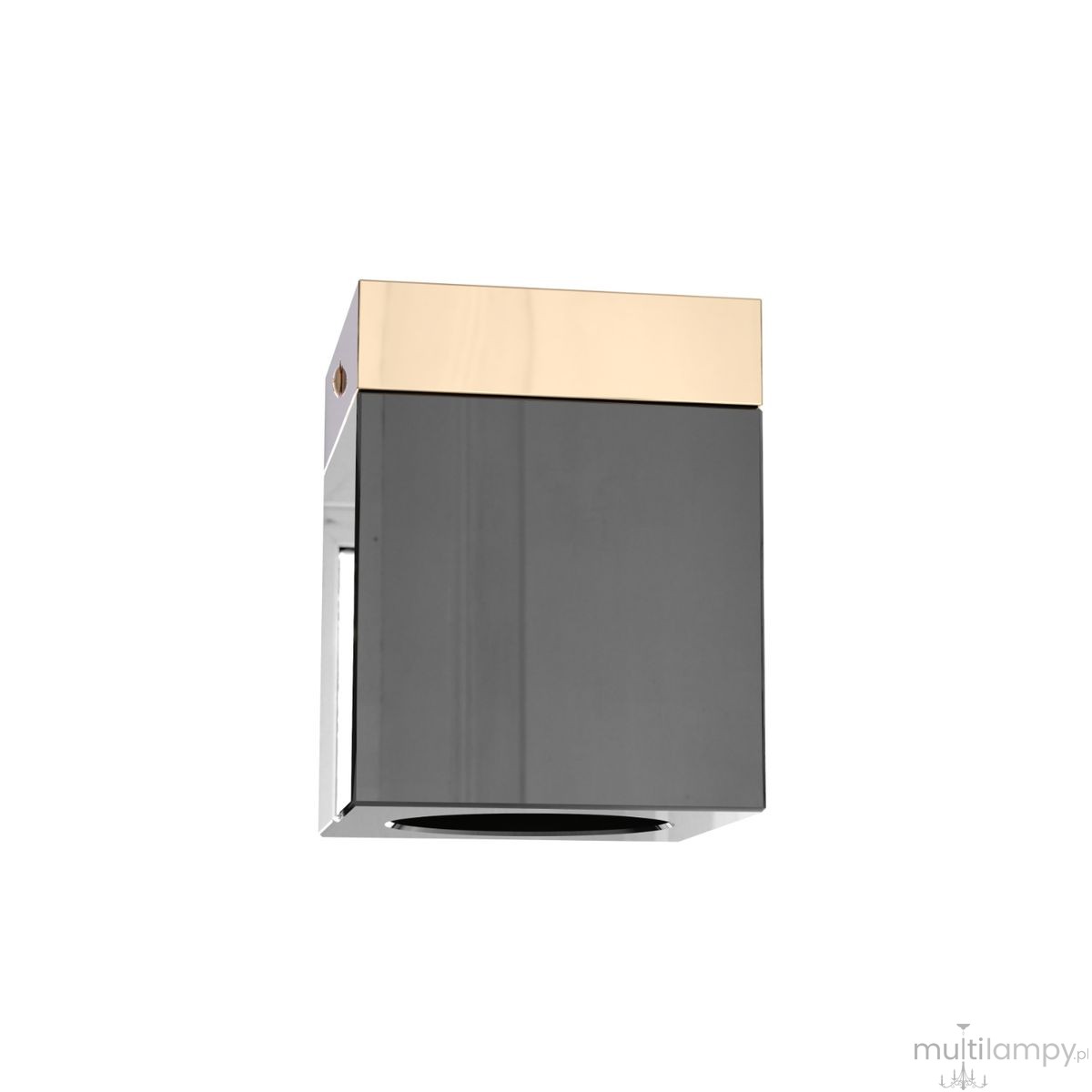 Lampa sufitowa Cubo Nero Gold z oprawą w kolorze czarnym i złotą górą. Prostokątny kształt z błyszczącą powierzchnią, zamontowana w pozycji wiszącej, z miejscem na żarówkę G9. Tło neutralne, podkreślające elegancki design.