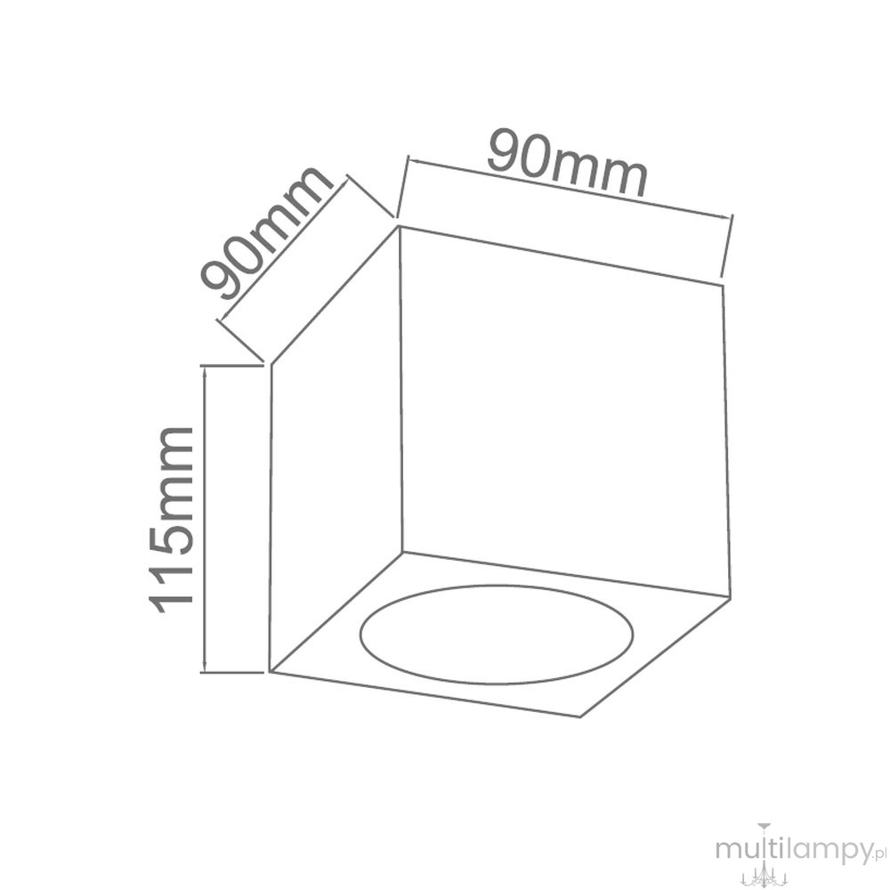 Lampa sufitowa Cubo Nero Gold, w formie czarnego sześcianu z złotym detalem, o wymiarach 90 mm x 90 mm x 115 mm, z otworem na żarówkę G9. Ujęcie z boku, ukazuje minimalistyczny design i proporcje produktu.