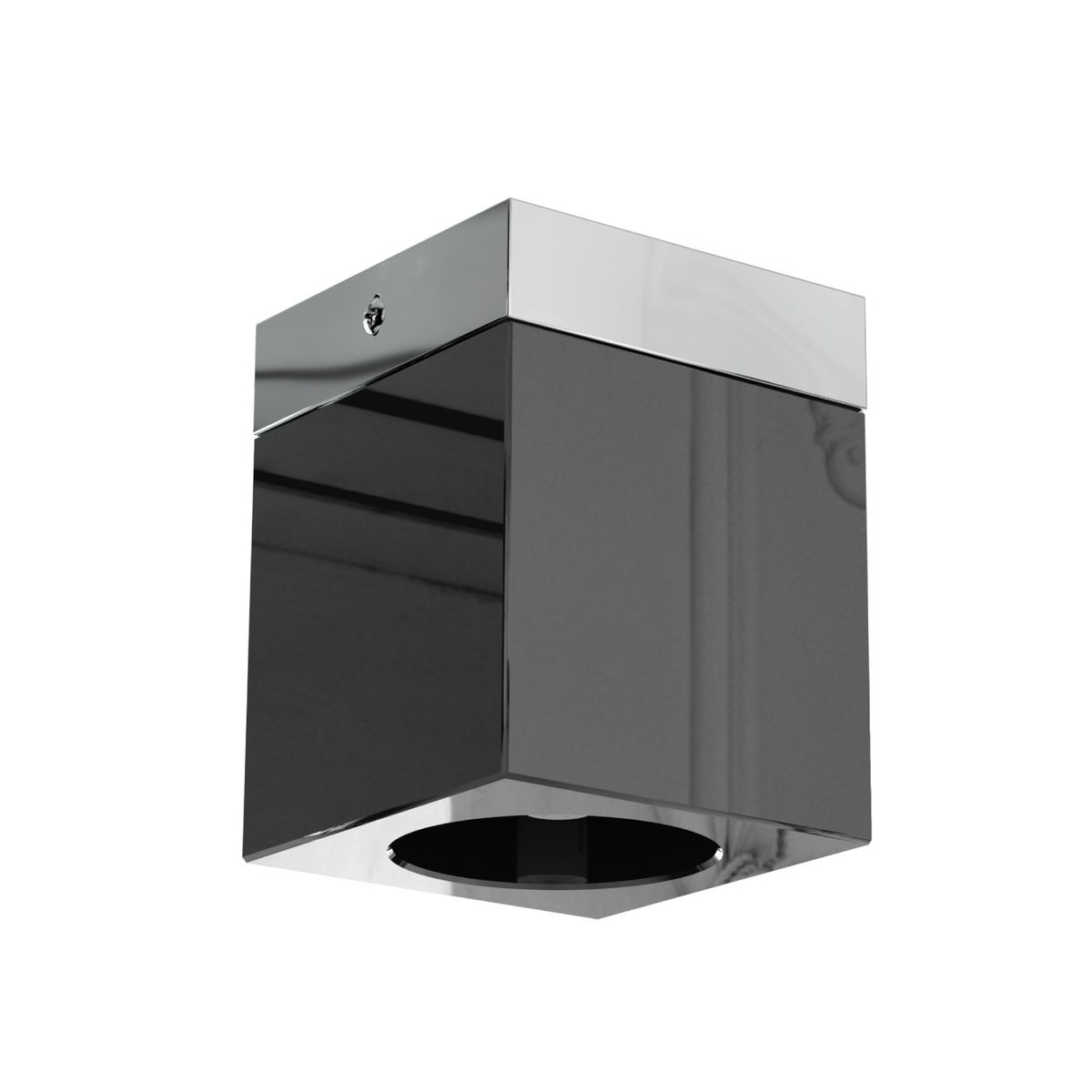 Lampa sufitowa Cubo Nero w kolorze chromu i czerni, o kształcie sześcianu. Zawiera miejsce na żarówkę G9. Ujęcie z boku, ukazujące gładką, błyszczącą powierzchnię oraz metalowy detal na górze.