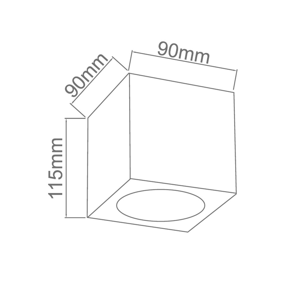 Lampa sufitowa Cubo Nero w kolorze chromowanym i czarnym, kwadratowa, o wymiarach 90 mm x 90 mm x 115 mm, z miejscem na żarówkę G9, widok z góry, pokazujący kształt i rozmiar.