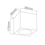 Lampa sufitowa Cubo Nero w kolorze chromowanym i czarnym, kwadratowa, o wymiarach 90 mm x 90 mm x 115 mm, z miejscem na żarówkę G9, widok z góry, pokazujący kształt i rozmiar.