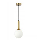 Lampa wisząca Bali z jednym źródłem światła E27. Złota oprawa z metalowym uchwytem i białą, okrągłą kloszem z matowego szkła. Produkt zawieszony na czarnym przewodzie, prezentujący minimalistyczny design.