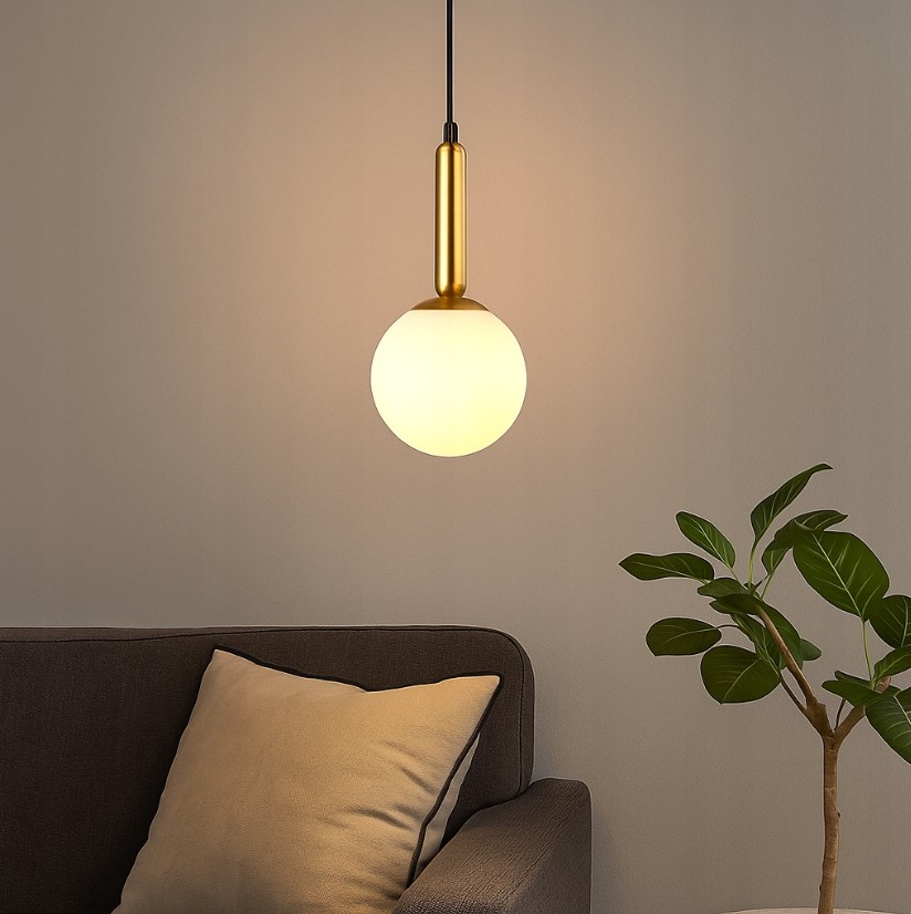 Złota lampa wisząca Bali z jedną oprawą E27, z okrągłym mlecznym kloszem. Wisi na czarnym przewodzie, w tle widoczna szara ściana oraz ciemnoszara sofa z poduszką. Obok lampa otoczona rośliną doniczkową.