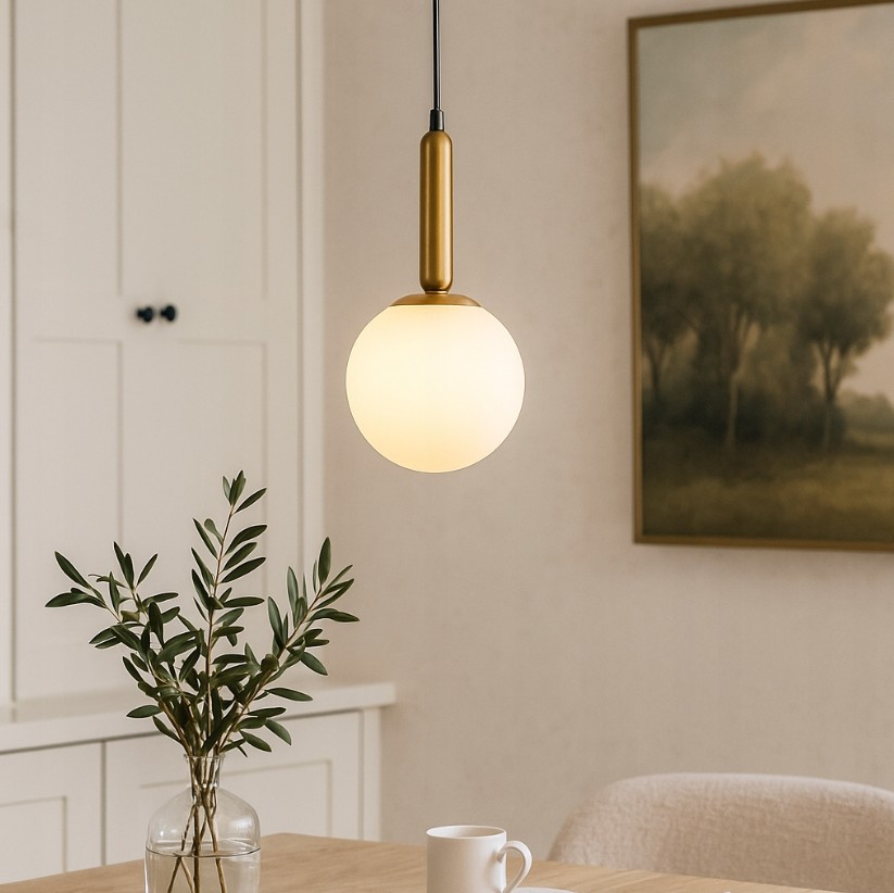 Prosta lampa wisząca Bali z jedną oprawą E27 w złotym wykończeniu. Okrągły klosz z matowego szkła w białym kolorze, zawieszona na cienkim czarnym przewodzie. Lampa w aranżacji wnętrza z drewnianym stołem i dekoracją roślinną.
