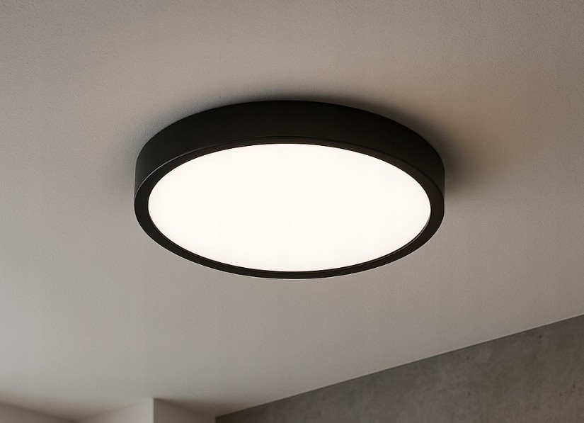 Panel LED natynkowy okrągły o średnicy 28,5 cm, mocy 24W, barwie światła 4000K, w czarnej obudowie. Zainstalowany na suficie, z matową, białą powierzchnią emitującą światło.