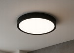 Panel LED natynkowy okrągły o średnicy 28,5 cm, mocy 24W, barwie światła 4000K, w czarnej obudowie. Zainstalowany na suficie, z matową, białą powierzchnią emitującą światło.