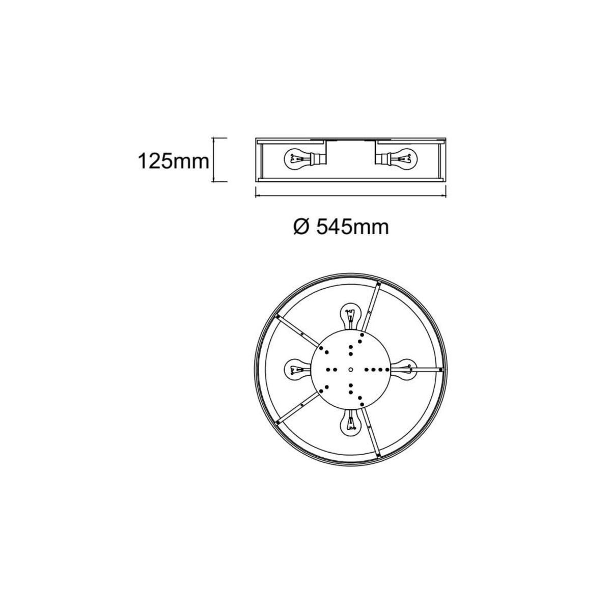 Plafon Zalindro PL Chocco 54 w kolorze brązowym, okrągły, średnica 545 mm, wysokość 125 mm, z miejscami na 4 żarówki typu E27. Widok z góry, ukazuje rozmieszczenie opraw oraz otwory montażowe.