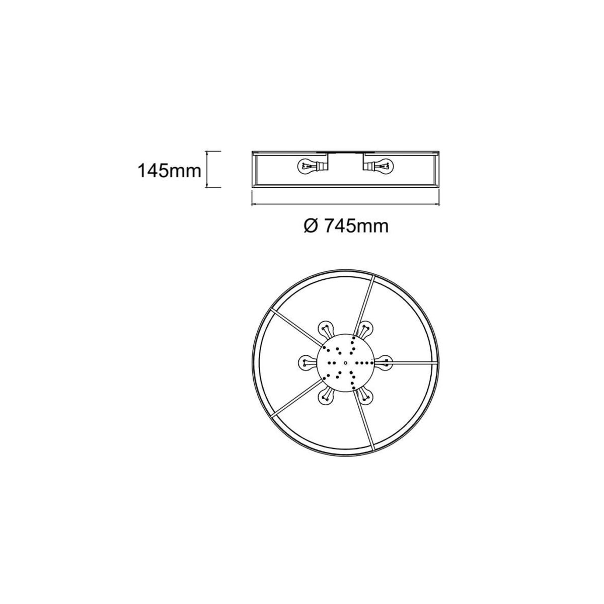 Plafon Zalindro PL Chocco 74 w kolorze brązowym, o średnicy 745 mm i wysokości 145 mm, z miejscem na 6 żarówek E27. Widok z góry, pokazujący okrągły kształt oraz miejsca montażowe.